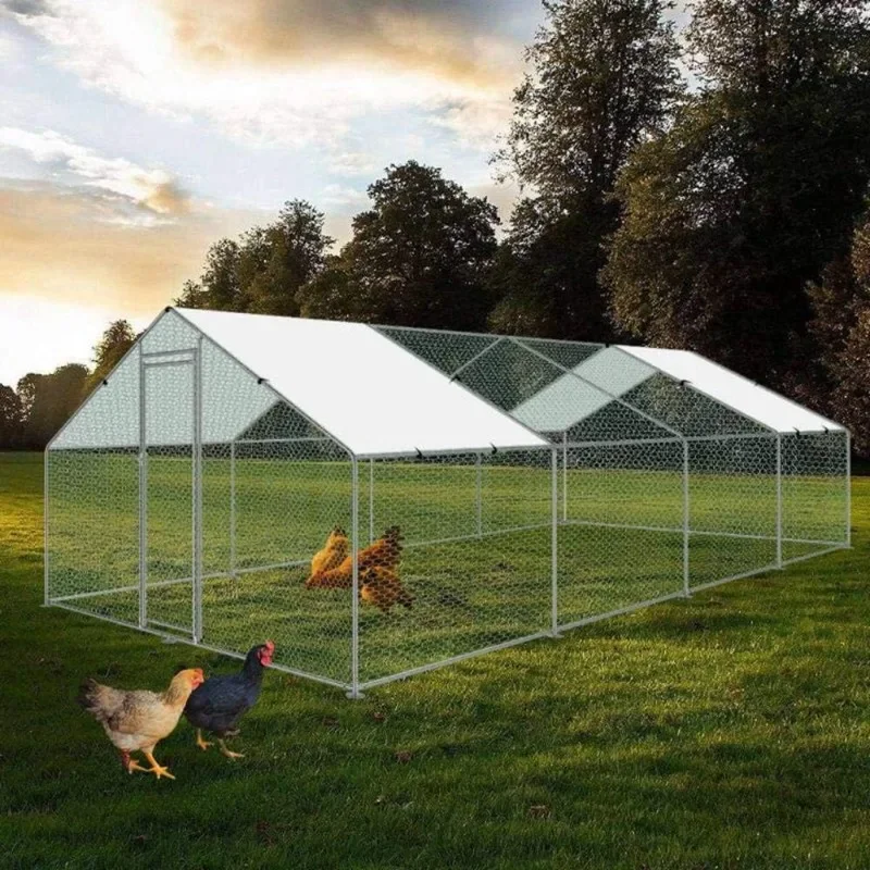 Walk-in Metal Poultry Cage House Rabbits Habitat Cage Spire Shaped Coop with Waterproof and Anti-Ultraviolet Cover for Outdoor