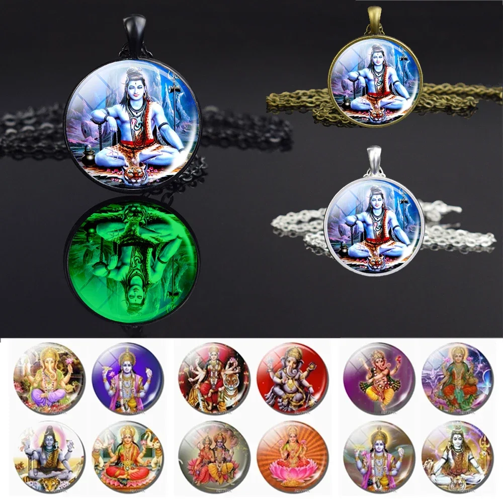 Luminous Shiva Glass Dome Pendant Necklace Krishna Radha Black Bronze Silver Color Chains Necklaces Religious Jewelry for Wome