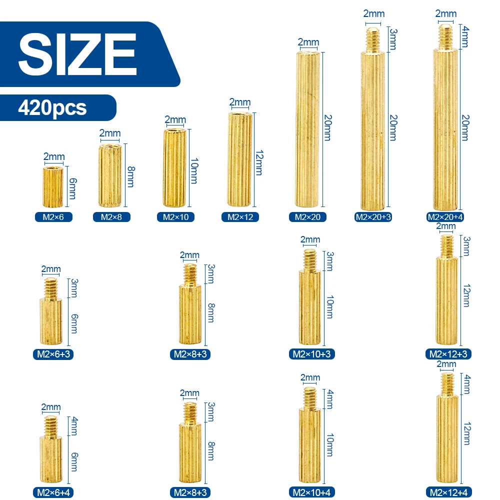 NINDEJIN 420/440 Stuks Gekartelde Ronde Messing Standoff Spacer Kit M2 Mannelijke-Vrouwelijke Ronde Moederbord Pcb Standoff met Schroeven Moeren Set