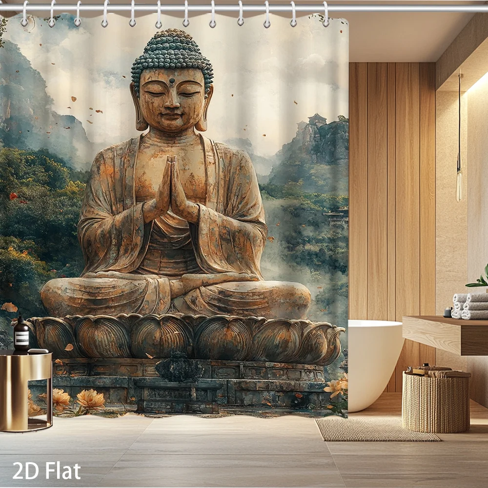 Large Buddha Statue Shower Curtain Waterproof Bathroom Decor Tibetan Style Zen Meditation Art for Home Bath
