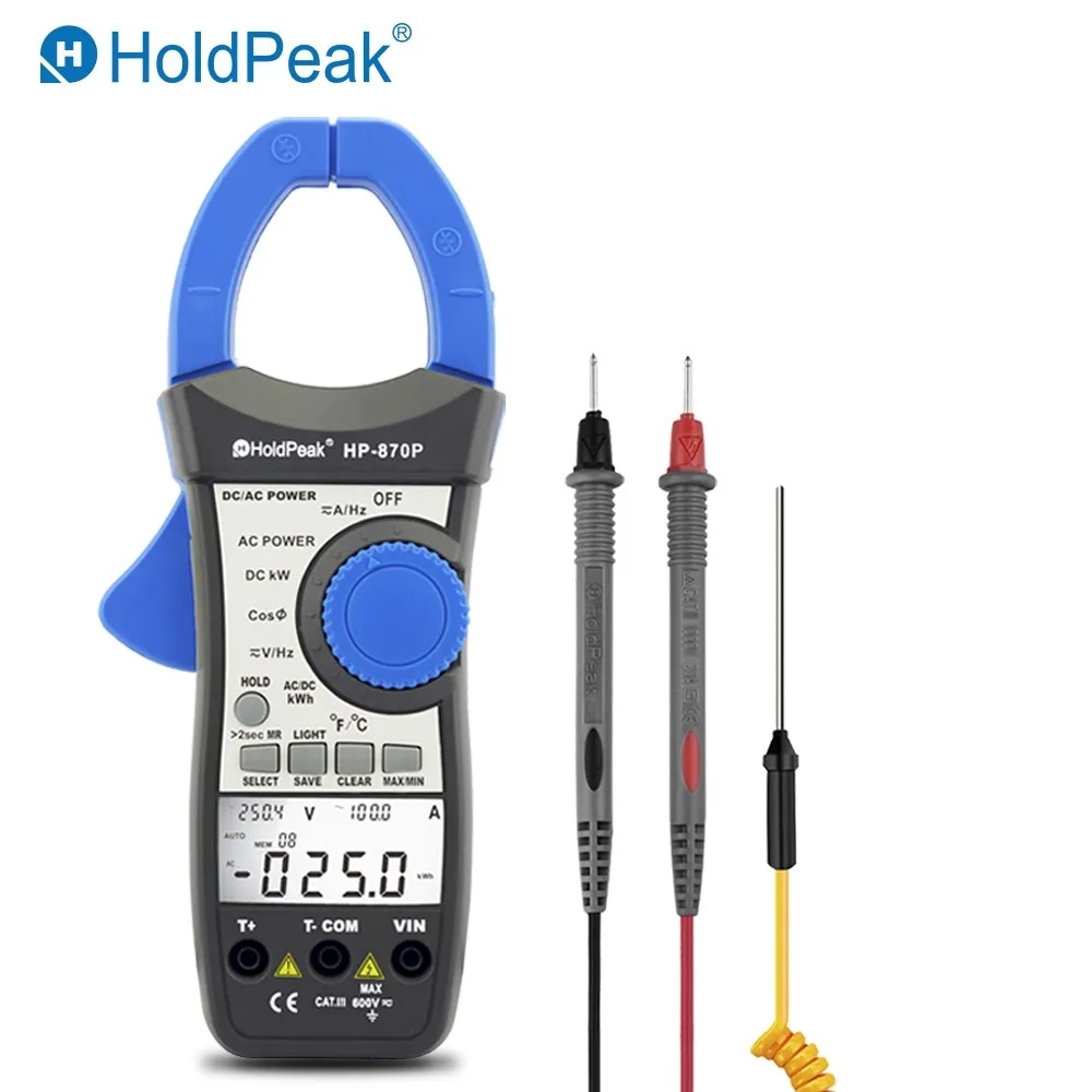 HoldPeak-HP-870P Power Clamp Meter, Voltímetro AC/DC, 999.9A Amperímetro, Multímetro Eletrônico, Energia Ativa Ferramenta De Diagnóstico