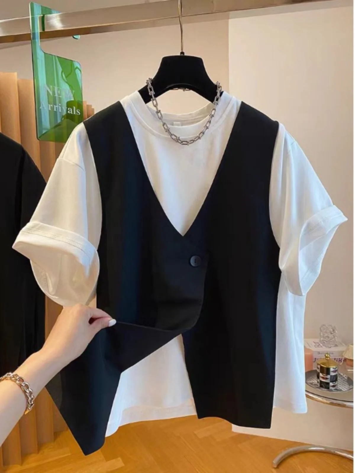 

Summer Casual Loose Women's T-irt ort Sve Patchwork Design Cotton Blend Comfortable Breathable Faionable Top