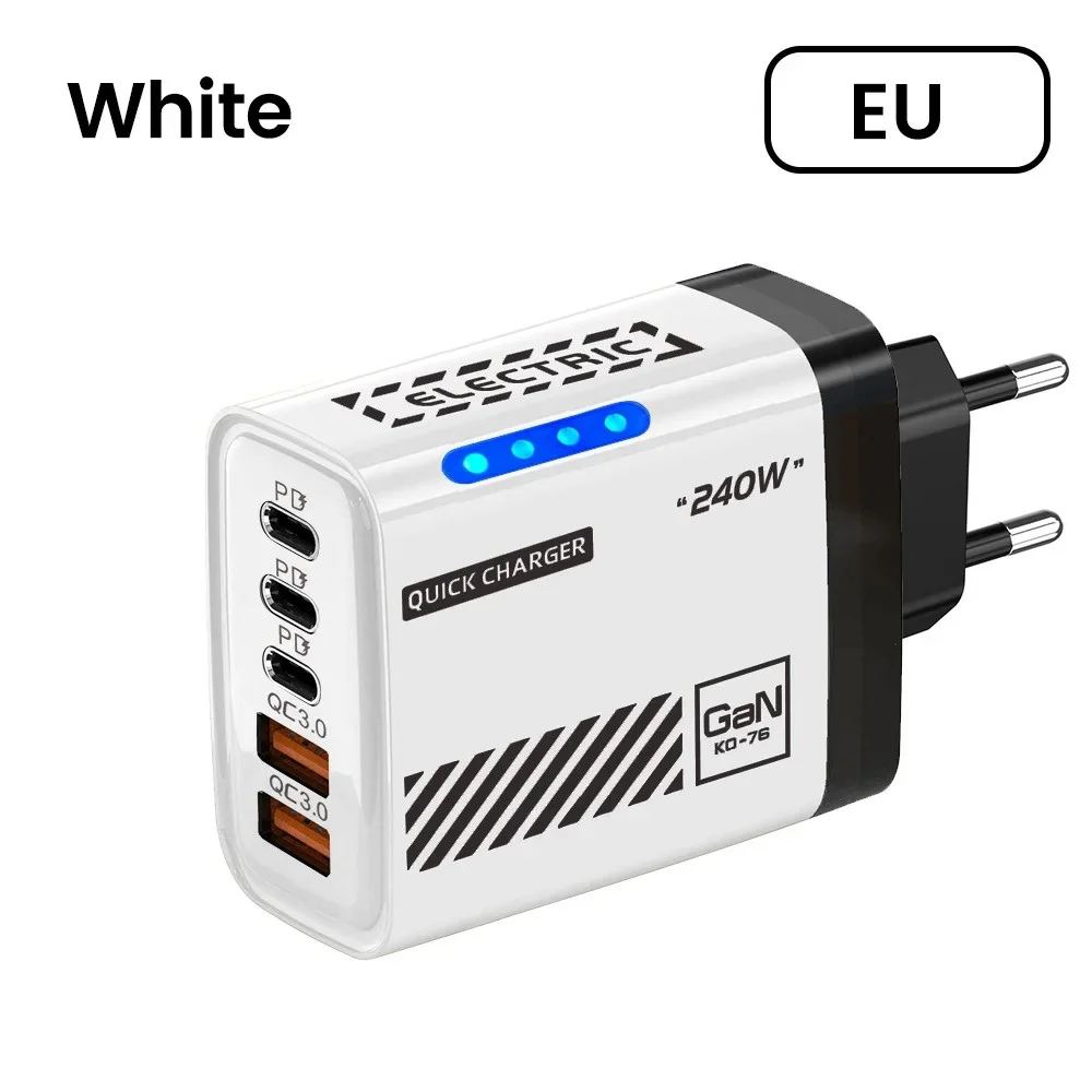 GaN 5-in-1 USB-C Ladegerät 240W PD Quick Charge 3.0 EU US UK Ladestecker Schnellladung für iPhone 17 16 15 Samsung Xiaomi Huawei