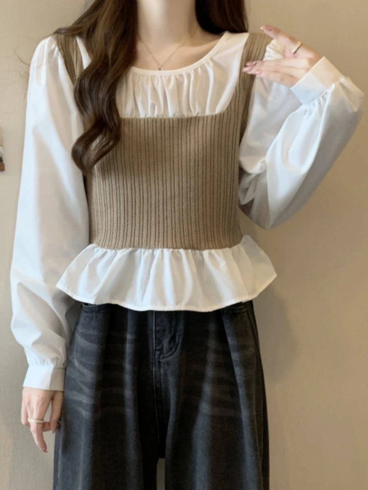 

Slimming Faux Two-Piece Shirt Vest Women Early Spring plus Size Flattering Waist-Cinching Belly Covering Trendy Short Top