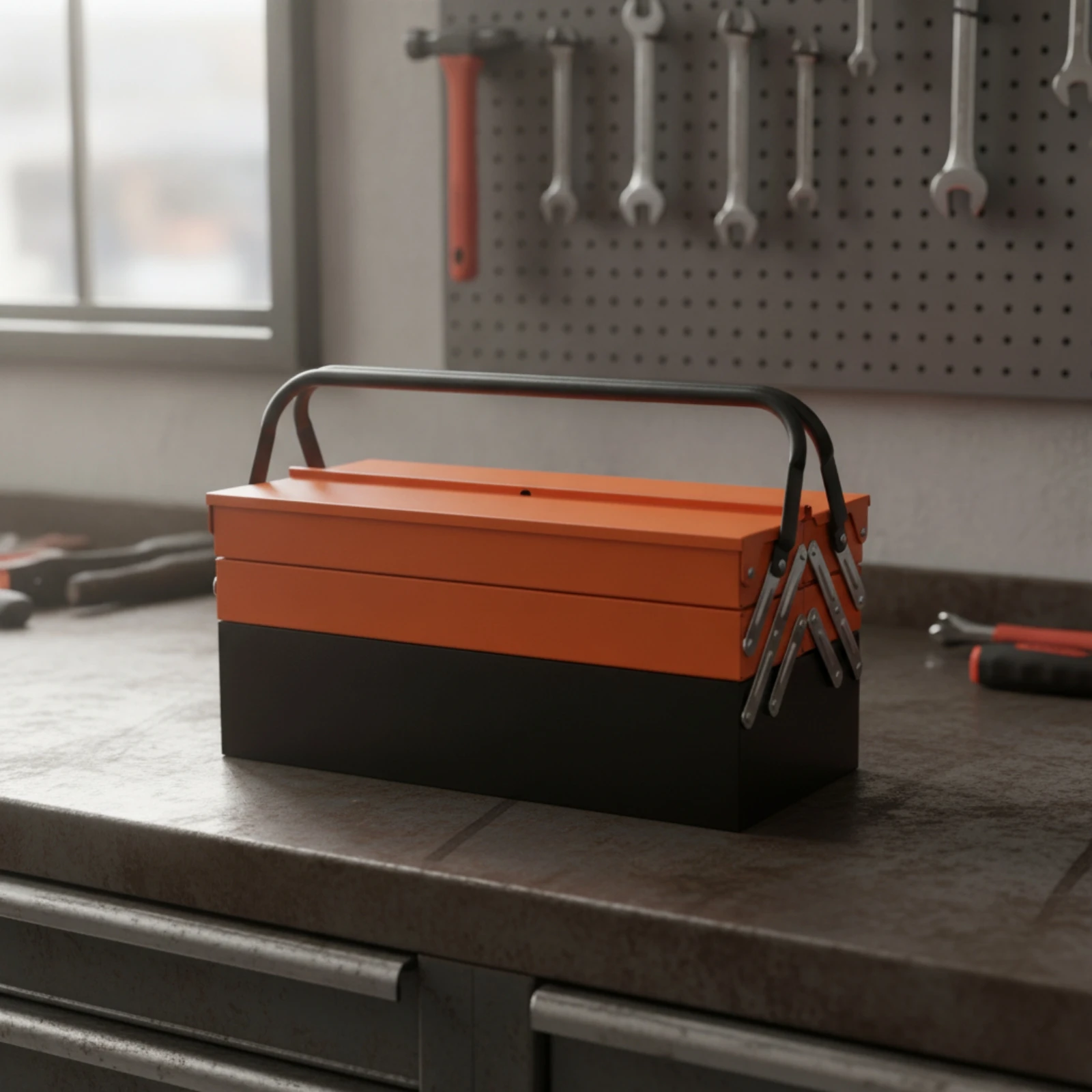 Metal Toolbox Long-Lasting Three-Tier Folding Metal Tool Box Steel Toolbox with Carrying Handle Heavy Duty for Mechanics