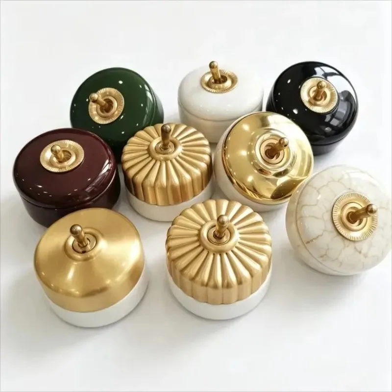 Vintage Ceramic Wall Toggle Switch, Brass Lever Round Retro Rotary Light Switch, Antique Style Ceramic Lamp Switch for Home DIY