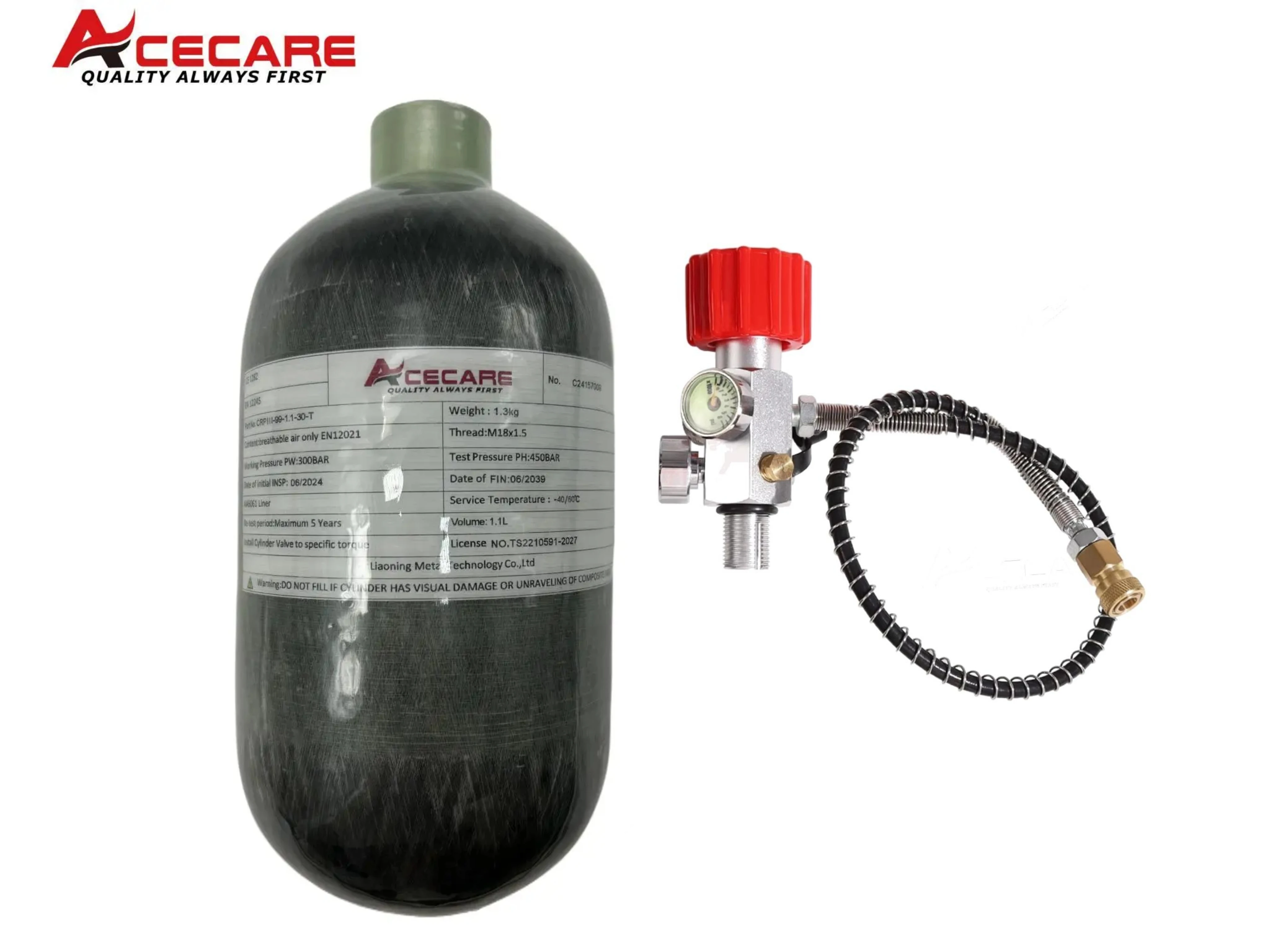 ACECARE 4500Psi 300Bar 1.1L Carbon Fiber Cylinder High Pressure Air Tank Filling Station Charging Regulator Valve Diving M18*1.5