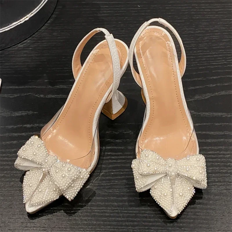 

Aneikeh Fashion Pointed Toe Party High Heels Mule Shoes Spring Butterfly-knot PVC Transparent String Bead Women Pumps Sandals