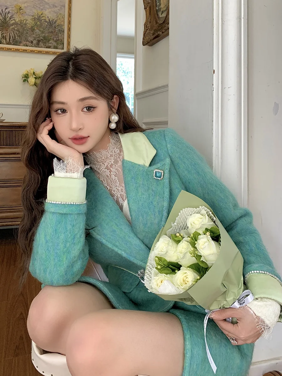 

K-Drama Inspired Women's Woolen Suit Jaet Autumn Winter Blue een Color High End Feel Long Sve Commuter Sle Coat