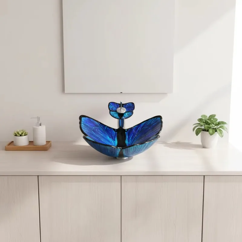 Modern style tempered glass irregular shape bathroom sink countertop washbasin with single hole faucet and drain