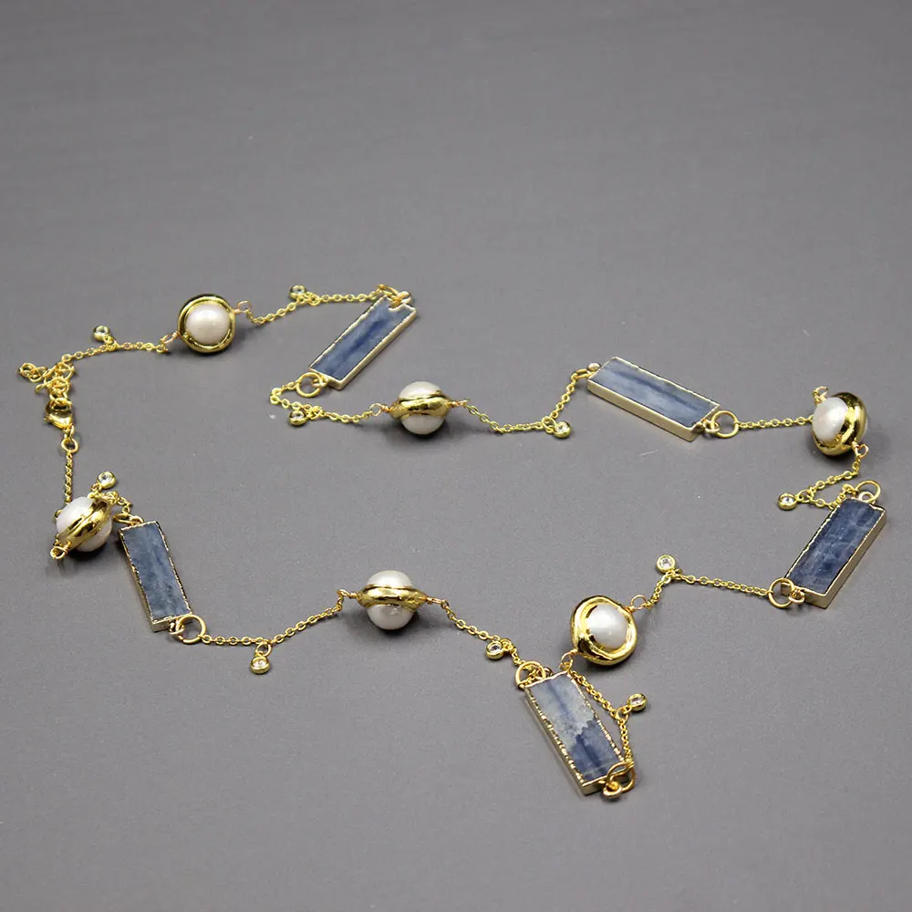 G-G Freshwater Natural White Pearl Natural Blue Kyanites Stone Connector Chain Long Necklace Sweater chain For Lady