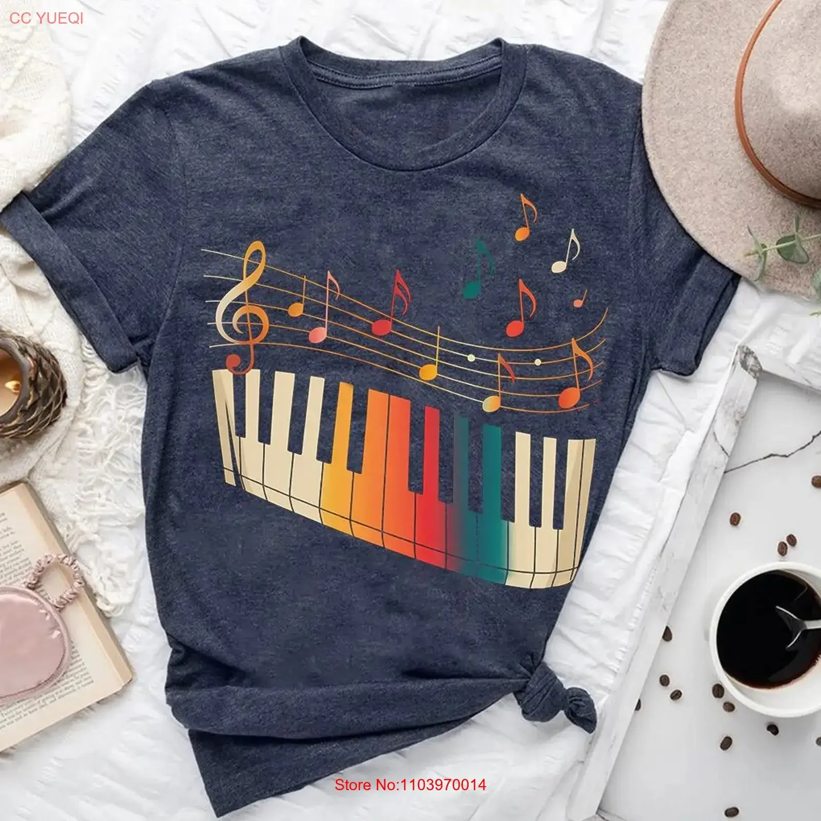 Buntes Klaviertastatur-Musik-T-Shirt, Retro-Musiker-Vintage-Stil, gewaschen, weich, lässig, bequem, Unisex-Designerkleidung