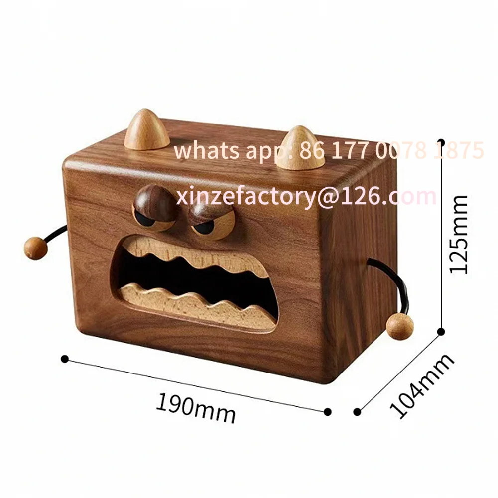 Customizable Wood Walnut Cute Little Monster Tissue Box Cover Magnetic Wooden Paper Napkin Holder Pumping Storage Case