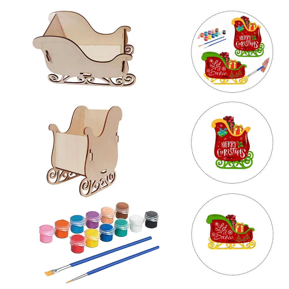 

1 Set Christmas Wooden Desktop Sleigh Ornament Diy Unfinished Puzzle Craft Kit For Holiday Home Decor Kids Painting Activity