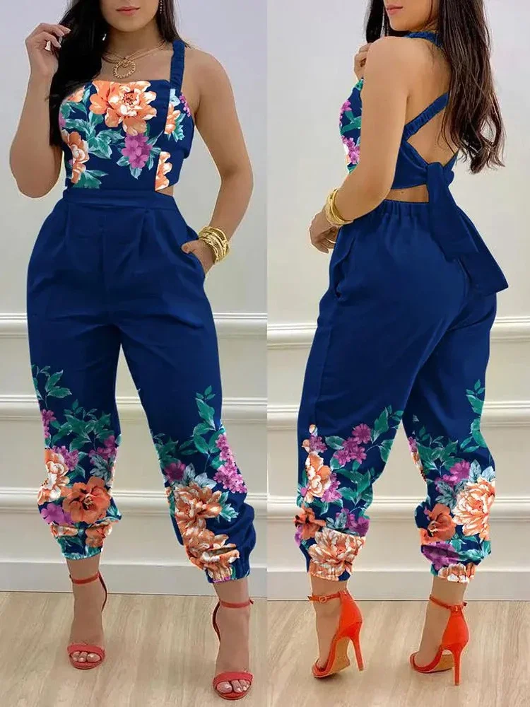 

New Summer Fashion Printed Sleeveless Jumpsuit Sexy Hollow Backless Lace Up Long Jumpsuits Elegant Casual Jumpsuit With Pocket