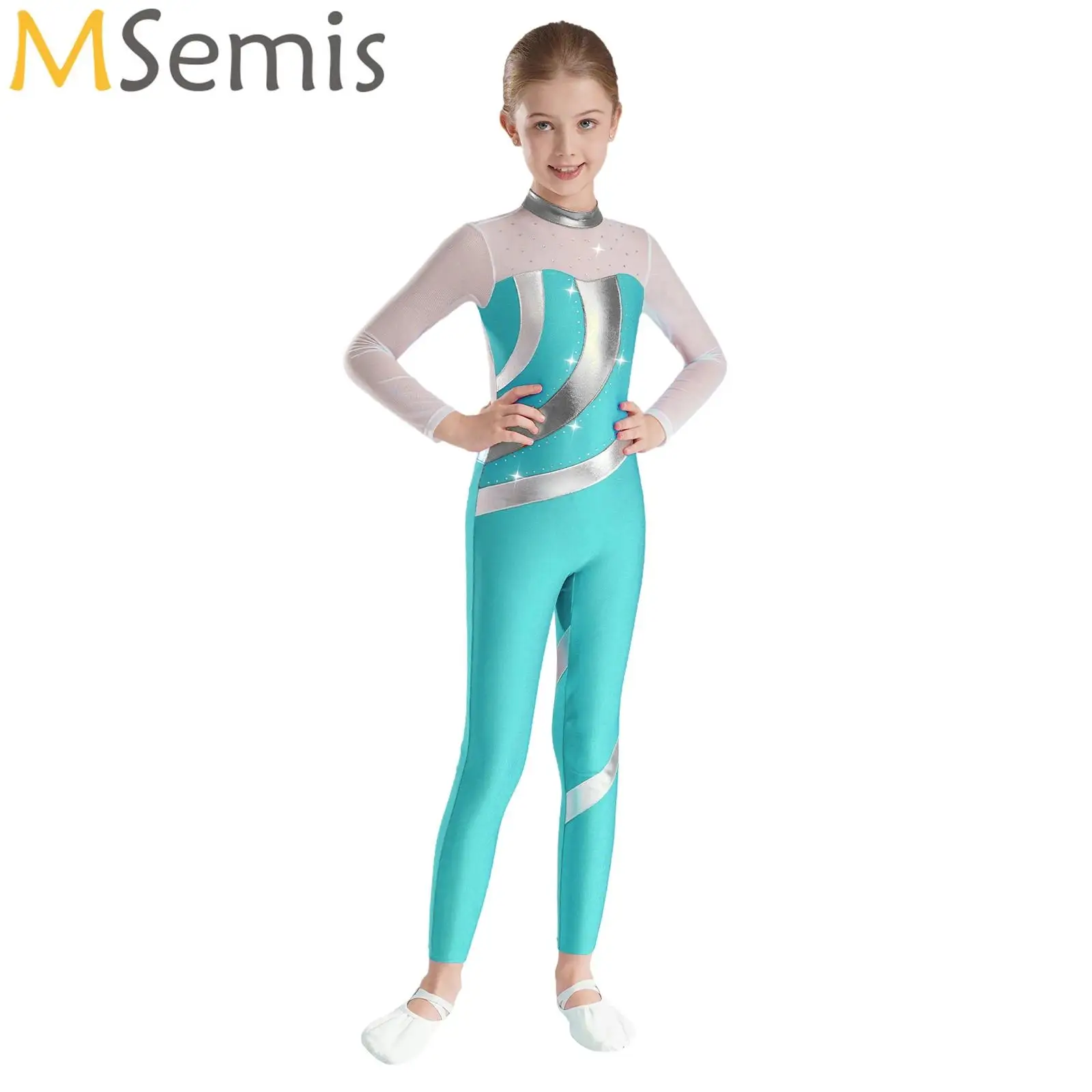 Kid Girls Ballet Tights Tutu Dance Wear Costumes Long Sleeve Full Length Skating Unitards Rhinestone Gymnastic Leotards Jumpsuit