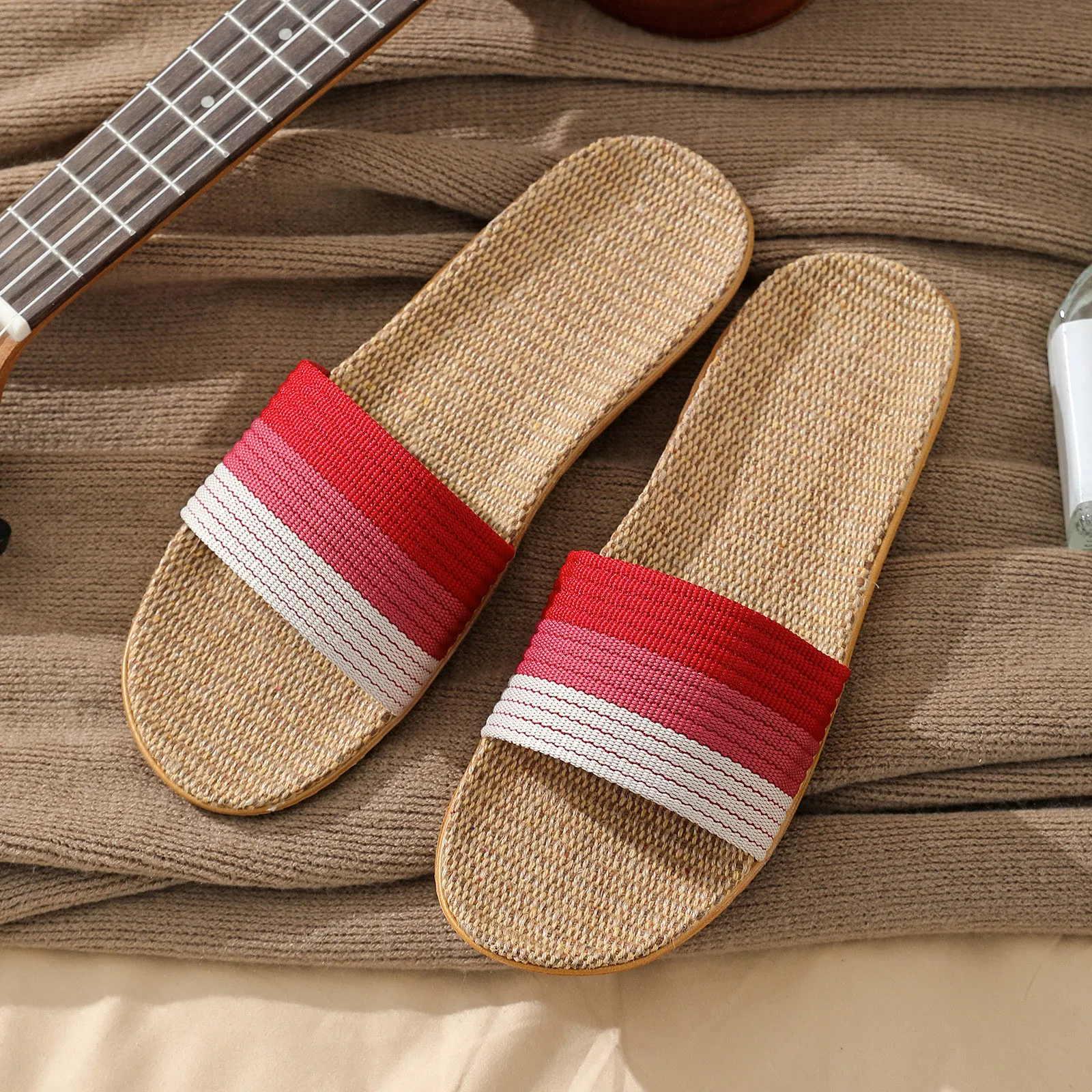 Women\'S Slippers Linen Lightweight Beach Outside Flat Sandals Ladies Casual Summer Stripe Homewear Slippers