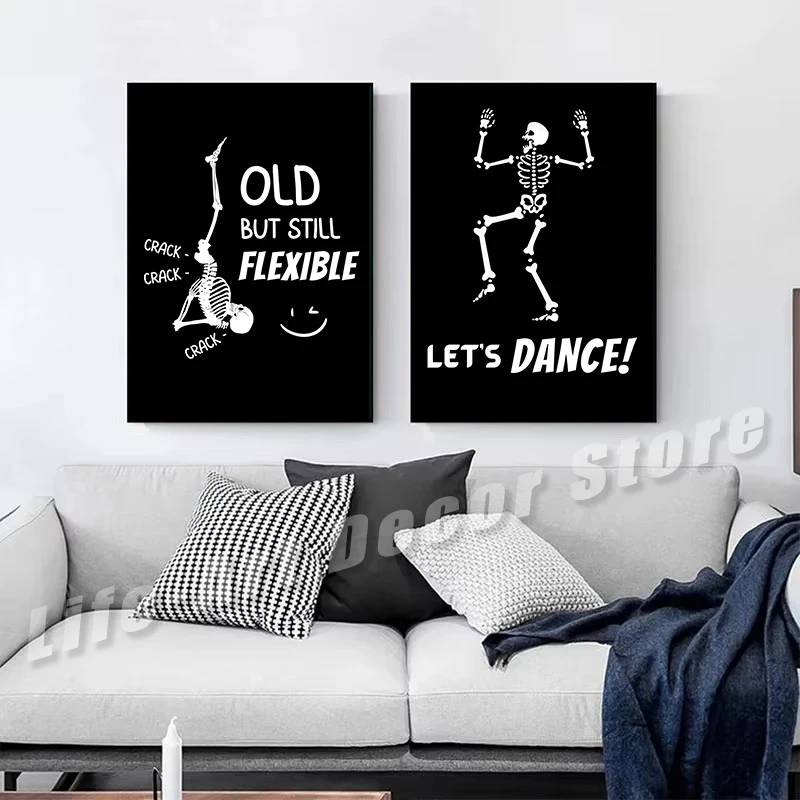 Funny Halloween Dancing Skelet Poster Skeleton Positive Inspiring Quotes Canvas Printing Wall Art Picture for Room Home Decor