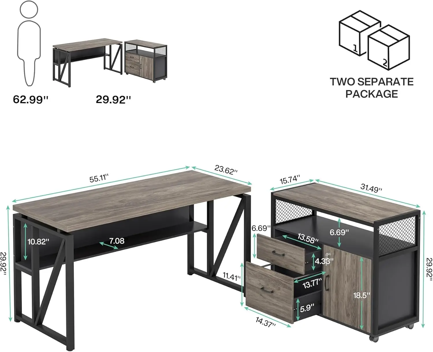 Mesa de escritório com gavetas, mesa de computador em forma de L de 55 polegadas com prateleiras de armazenamento e armário de arquivo móvel, mesa executiva para casa