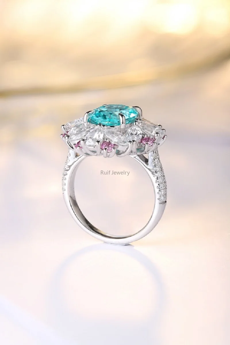 Ruif 925 Sterling Silver 5.65ct Lab Grown Paraiba Rings for Women Beautiful Flower 5A Zirconia Wedding Statement Fine Jewelry