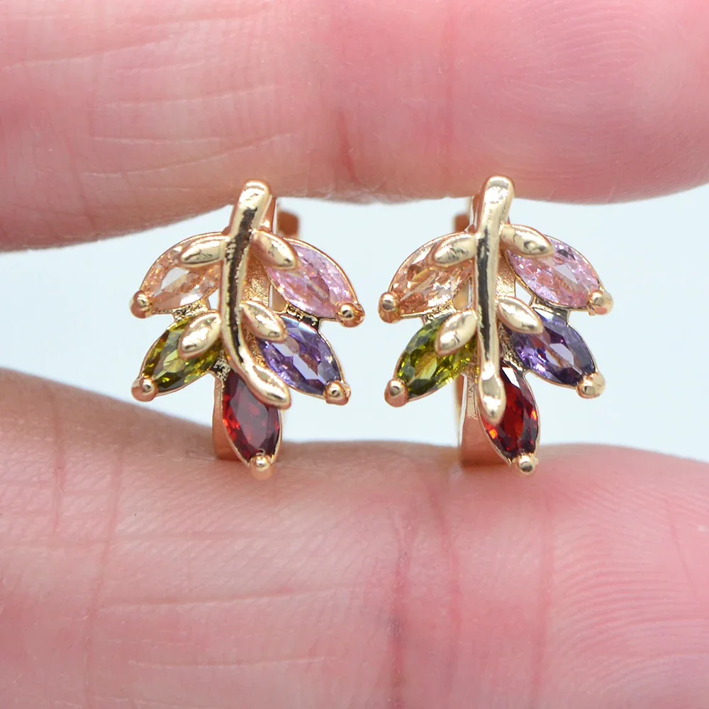 Fashion Gold Color Multicolor Zircon CZ Leaf Leaves Huggie Hoop Earrings for Women