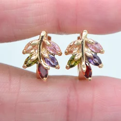 Fashion Gold Color Multicolor Zircon CZ Leaf Leaves Huggie Hoop Earrings for Women