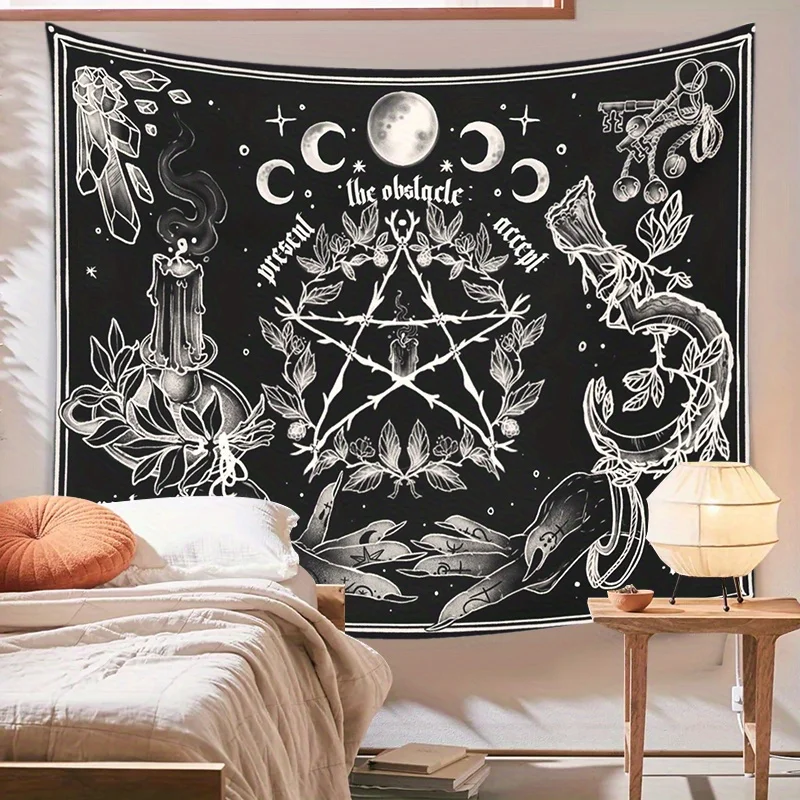VIKAMA Mysterious Witch Pentagram Moon Phase Tapestry Black and White Magic Ceremony Print Halloween Horror Spooky Season