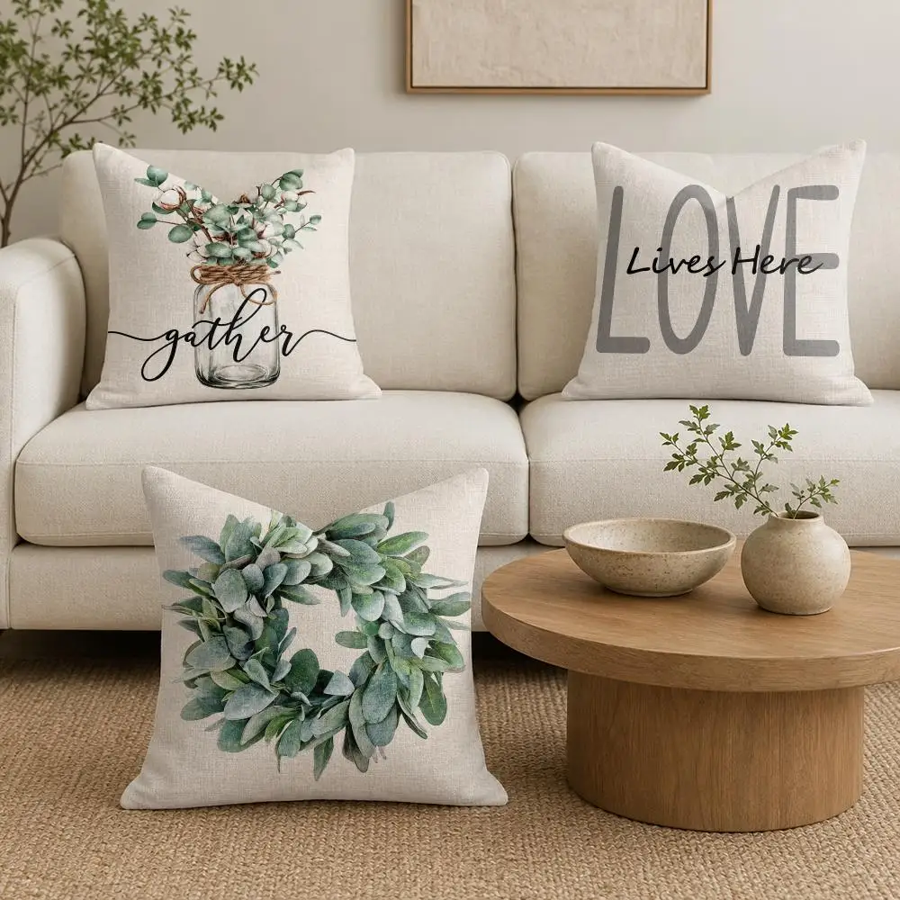 Eucalyptus Wreath Cotton Jar Cushion Cover Natural Linen Organic Fabric Double-Sided Printing Sofa Home Decor Gift Pillow Cover