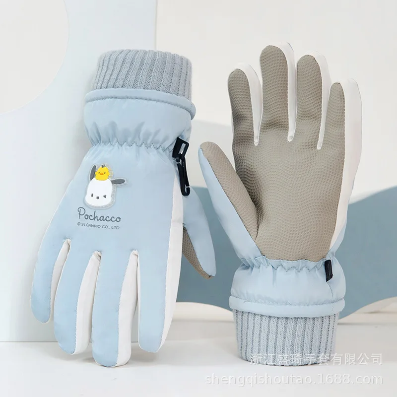 Anime Child Five Fingers Ski Gloves Thicken My Melody Kuromi Protection From Cold Keep Warm Outdoor Windproof Anti-Slip Cute