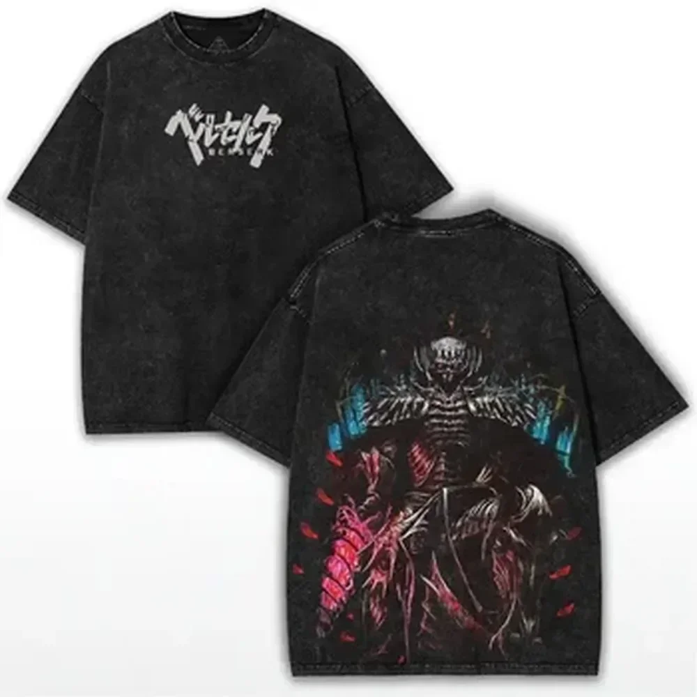 Japanese Manga Berserk Printed T-shirt Men Women Clothing Vintage Washed Oversized T shirt Summer Short Sleeve Cotton Tee Tops