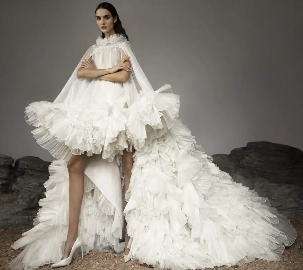 Puffy chique alta baixa vestidos com capa em camadas babados feminino ocasião especial vestido de noiva