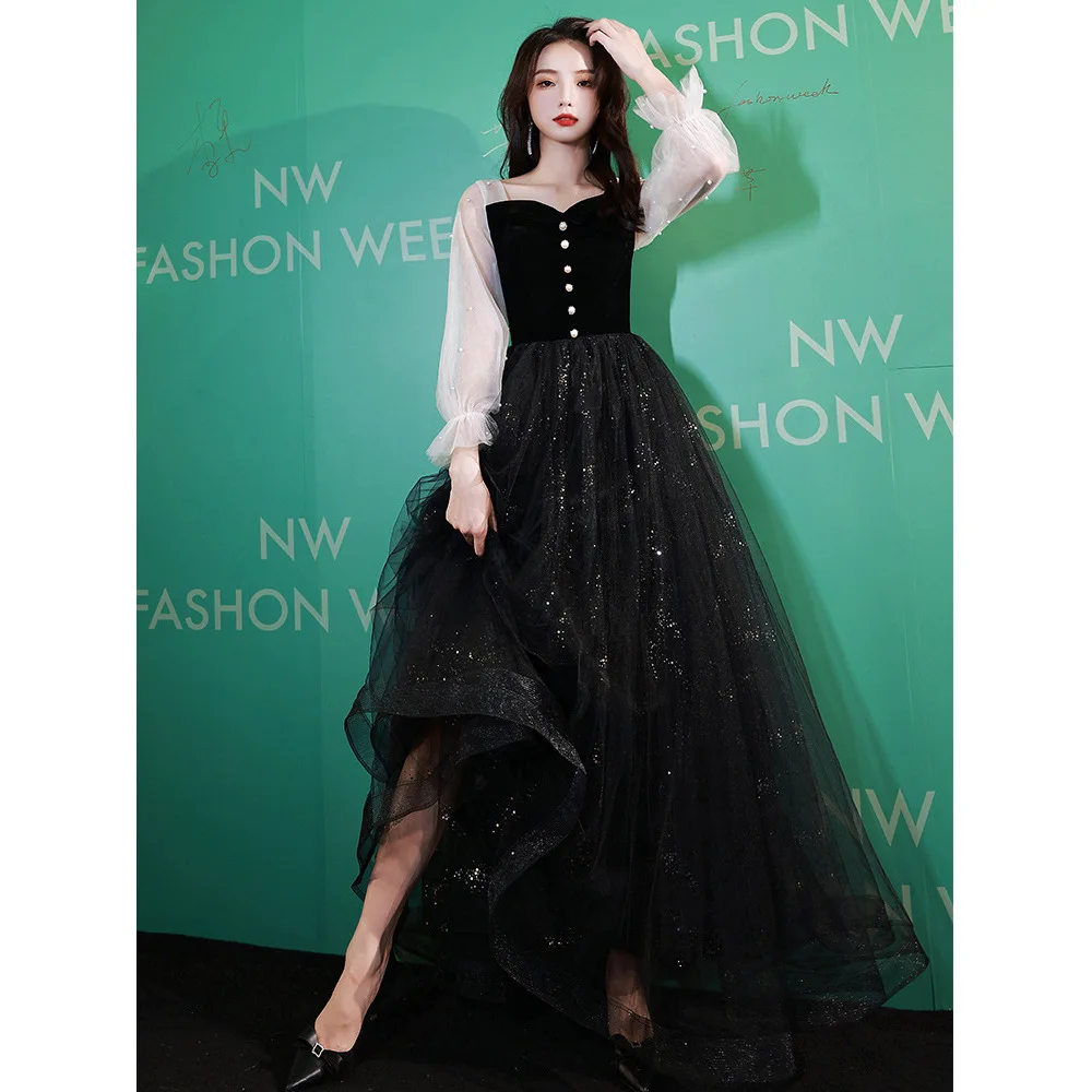 

2022 New Patchwork Pleated Long Cheongsam Black Velour Qipao Women Elegant Lantern Sleeve Evening Party Dress Robe De Soiree