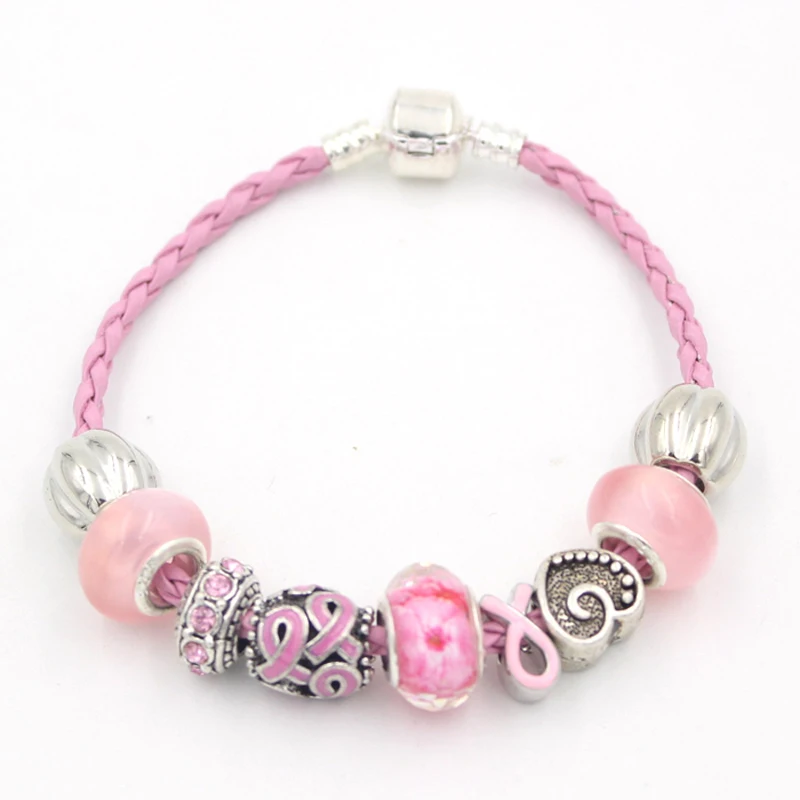 Newest Breast Cancer Awareness Jewelry European Bead Pink Ribbon Breast Cancer Awareness Bracelet for Cancer Center Gift Pulsera