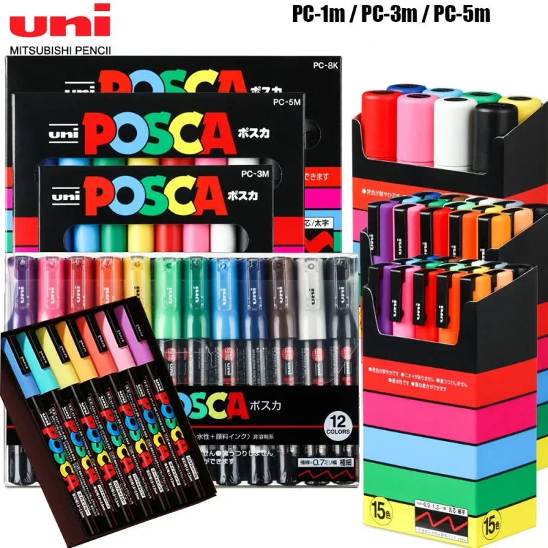 Uni Acrylic Paint POSCA Marker Pen Set PC-1M PC-3M PC-5M Rock Marking Art Color Pens Manga Design Graffitti Painting Supplies