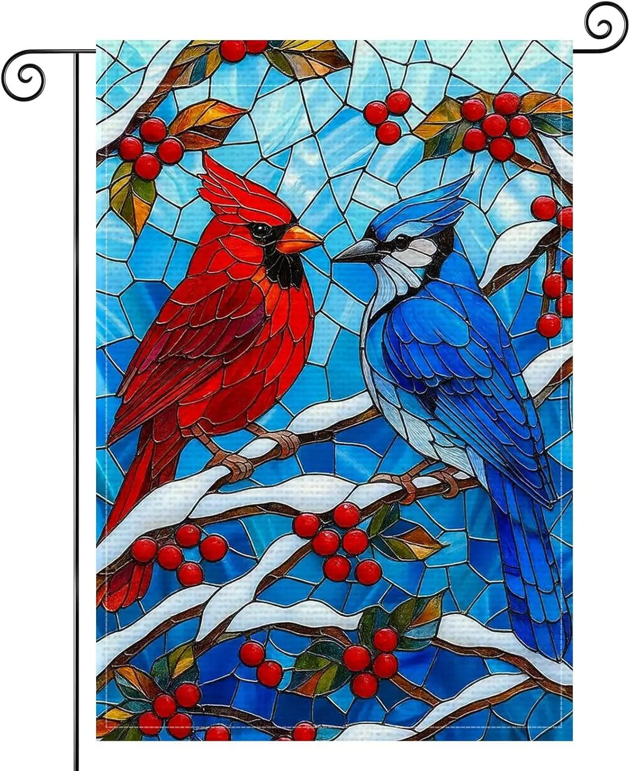 Winter Bird Stained Glass Garden Flag Double Sided 12x18 Inch Burlap Winter Garden Flag Red Cardinal and Blue Jay Birds Bann llz