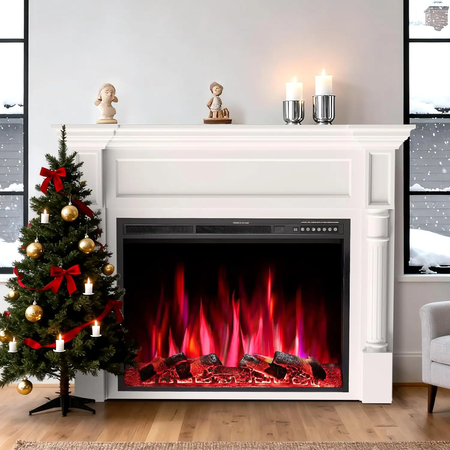 55in Electric Fireplace Mantel Wooden Surround Firebox, TV Stand with Freestanding Electric Fireplace, Remote, Customized