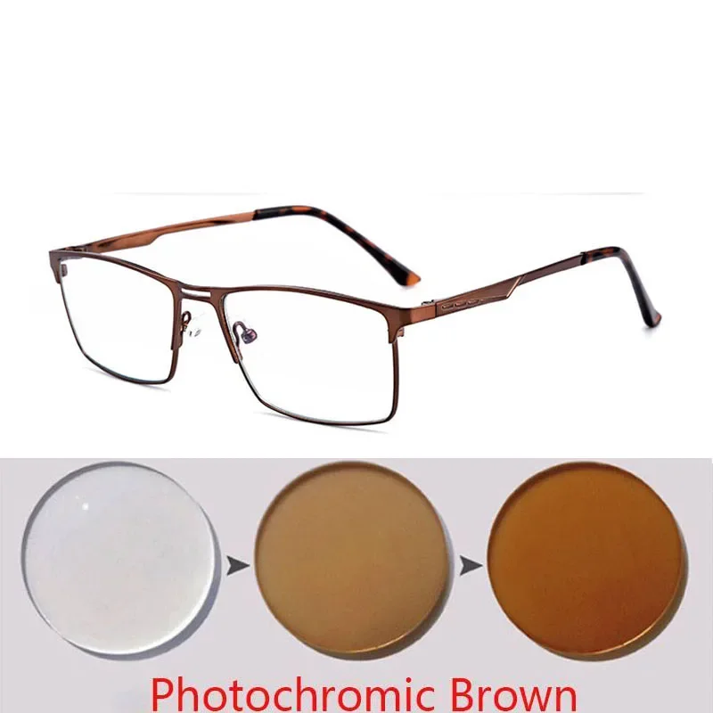 Men Square Hyperopia Prescription Eyeglasses Metal Frame Photochromic Far Sight Eyewear With Diopter +0.5 +0.75 +1.0 To +6.0