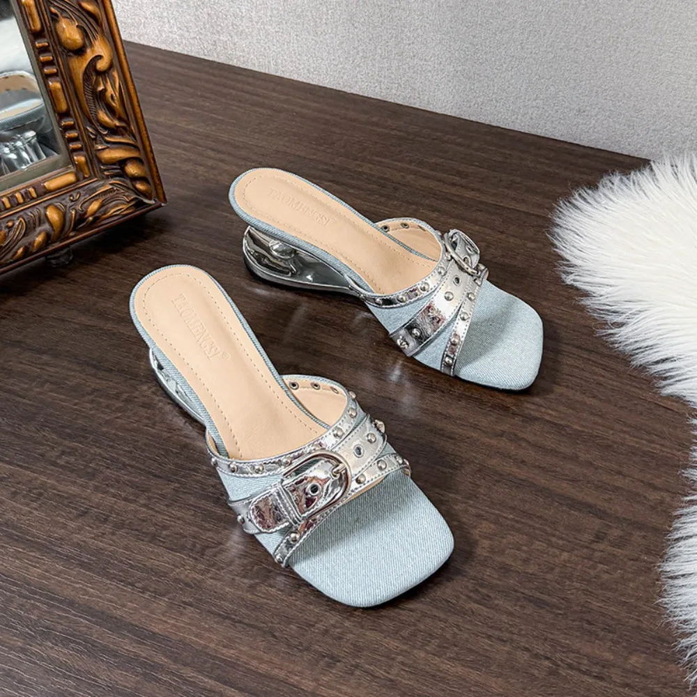 Women's Slippers Inner Height Increase 6cm Open Toed Sandals Metal Buckle Rivets Square Head Special Shaped Heel Slippers Women