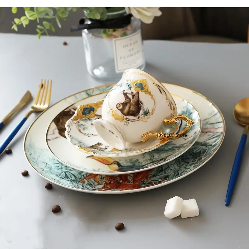 

Jungle Animal Ceramic Cups, Painted Gold, Bone China, Mug, Coffee Cup and Saucer Set, Family, Party, Afternoon Tea Set