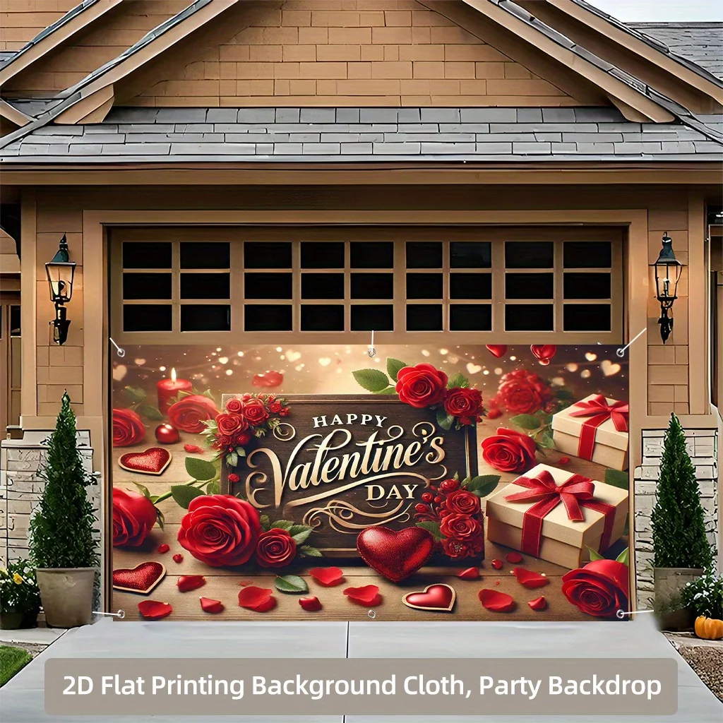 Bandera de fondo de foco del Día de San Valentín 1 pieza: diseño romántico de rosas y caja de regalo, adecuado para el hogar, al aire libre, jardín