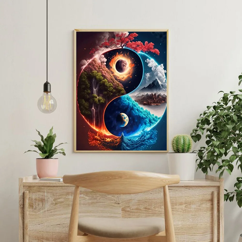 Huacan Full Diamond Mosaic Landscape Moon Sun Diy Diamond Painting Tai Chi Complete Kit Home Decoration Rhinestone Pictures