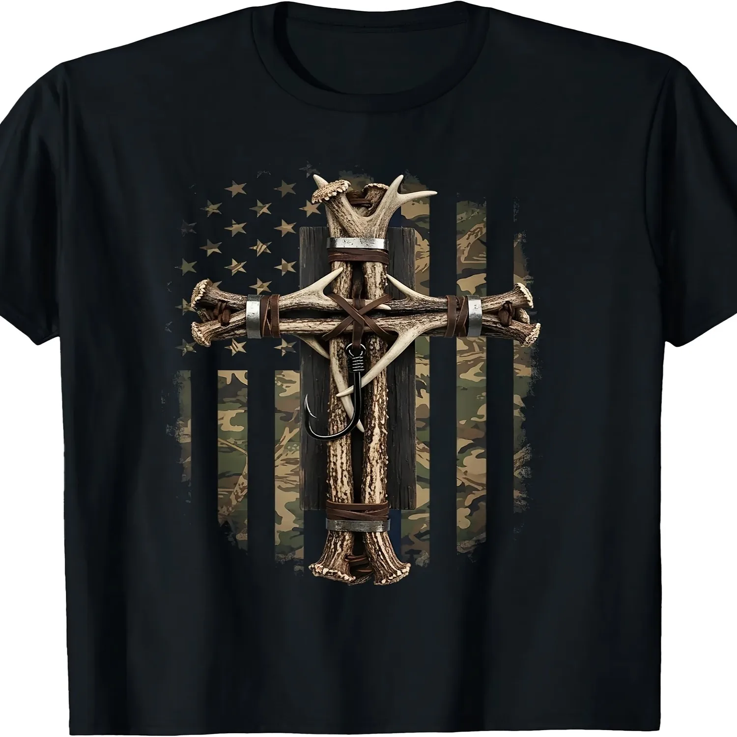 Camouflage Cross Deer Horn Fish Hook Hunting Christian Bible TShirtRetro Casual Crew Neck Printed T-Shirt gift for men, everyday wear tee