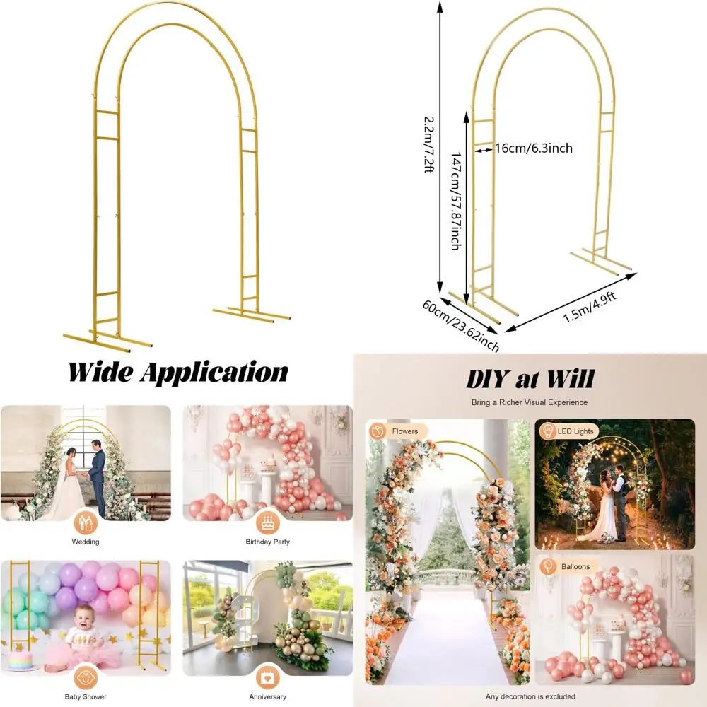 

Large Metal Wedding Arch with Sturdy Base and Gold Balloon Backdrop Stand, Ideal for Outdoor Garden Events