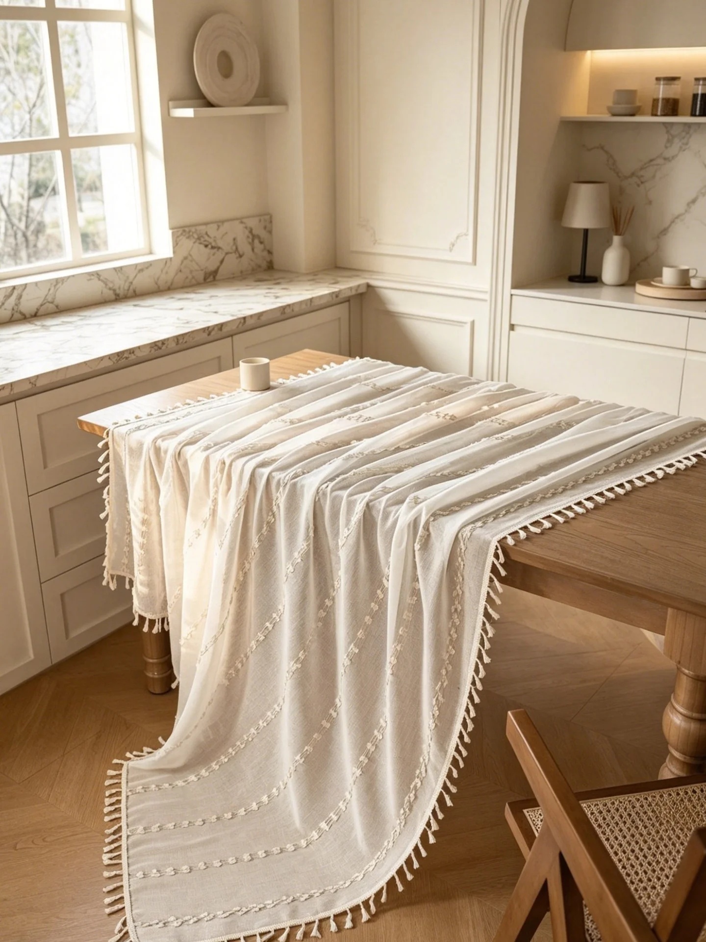 1pc American Style Jacquard Tassel Hollow Tablecloth, Rectangular Wedding Dustproof Heat Insulation Dining Table Cover
