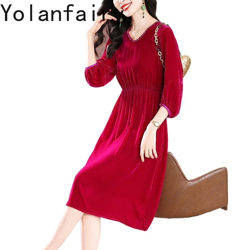 فستان YOLANFAIRY من حرير التوت الأصلي المخملي للنساء للخريف فستان فاخر أنيق لأعياد الميلاد ملابس نسائية فساتين راقية