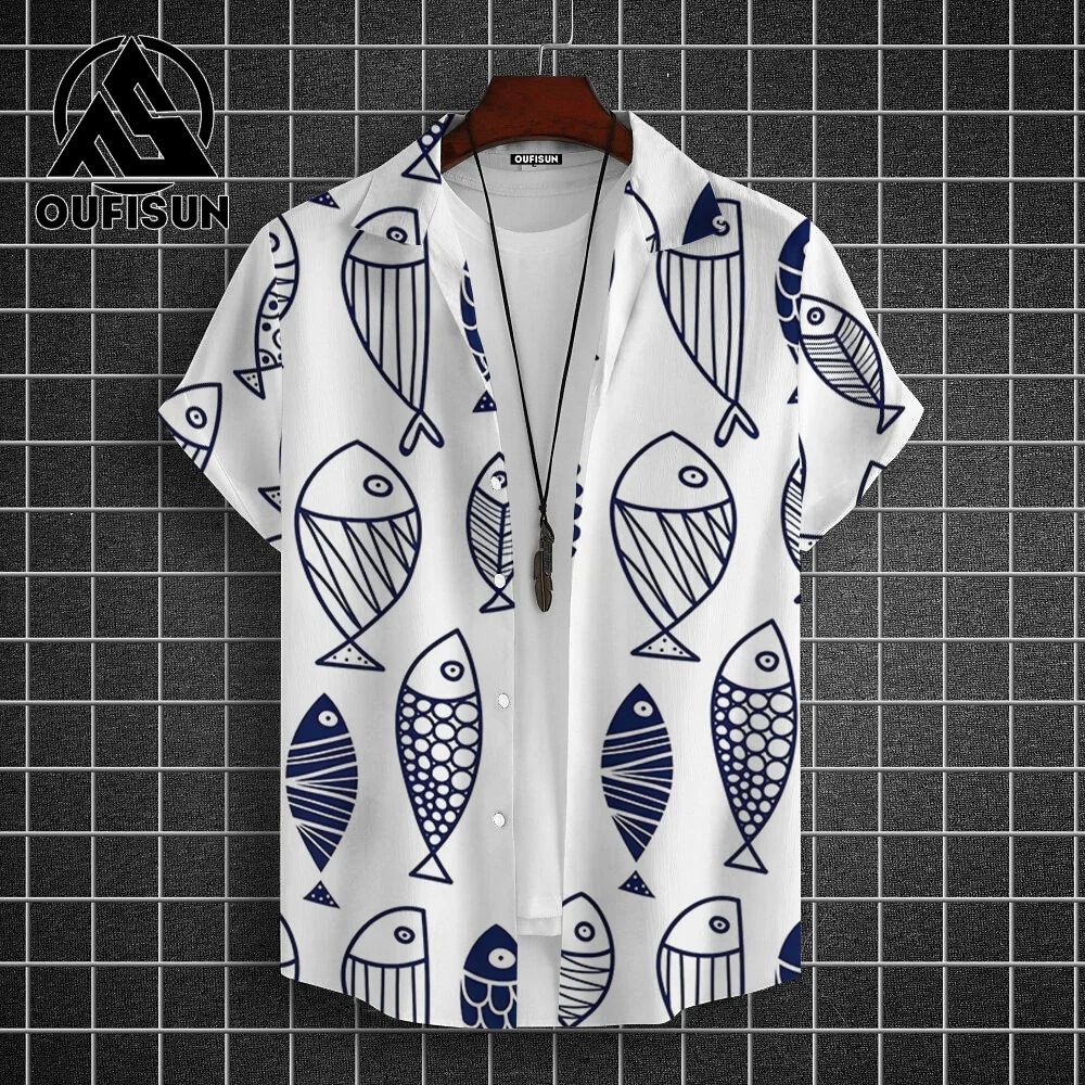 Marine Animals and Fish Print Men\'s Casual Short Sleeve Shirt Summer Seaside Vacation Oversized Tops Oversized Men\'s Shirt S-5XL