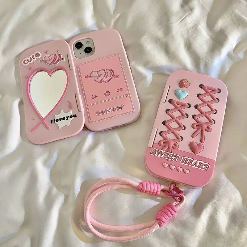 

Phone Case For iPhone 16 15 14 13 Pro Max New INS Sweet Pink Strawberry Bow Print Flip Love Mirror Protective Cover With Lanyard