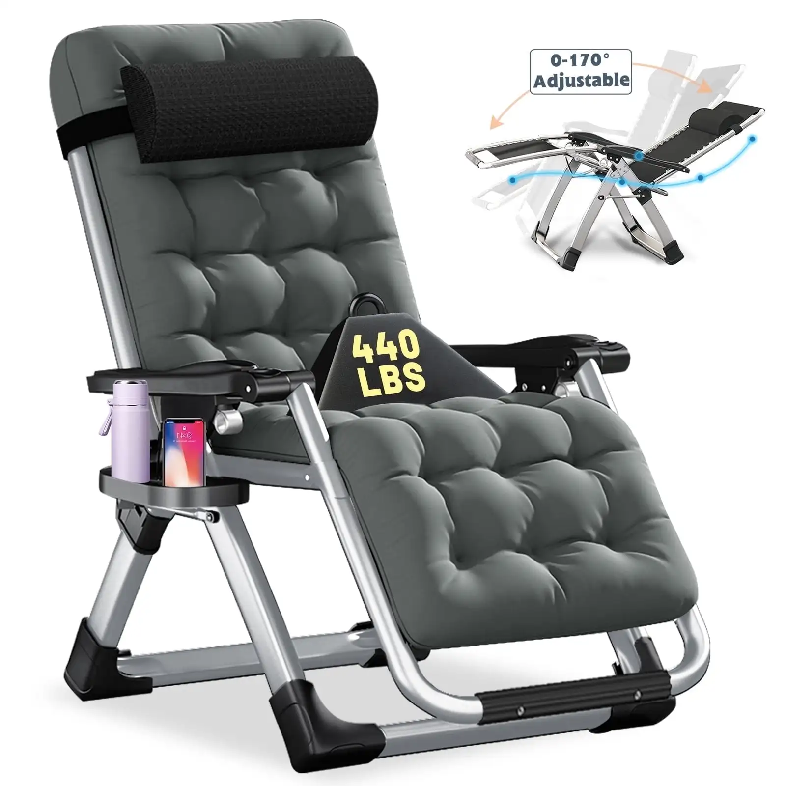 

Outdoor Recline Chair Heavy Duty Zero Gravity Chair with Removable Seating Cushion, Headrest & Tray, Folding Lawn Recliner