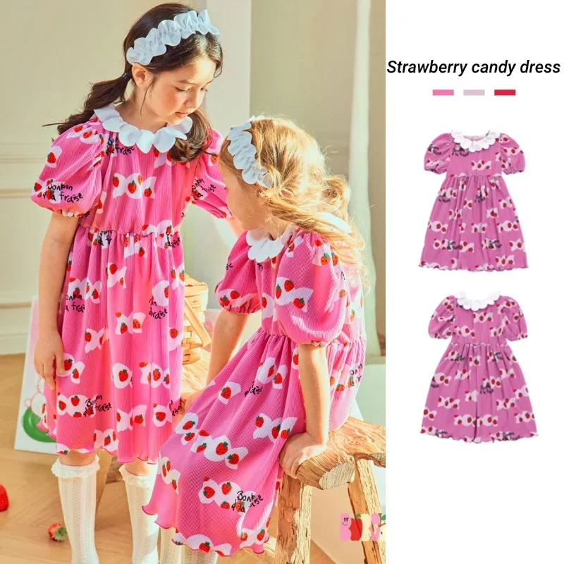 

Платье для девочек, новинка лета 2025, розовое модное корейское платье с клубничным принтом, детское платье, хлопковая милая юбка принцессы
