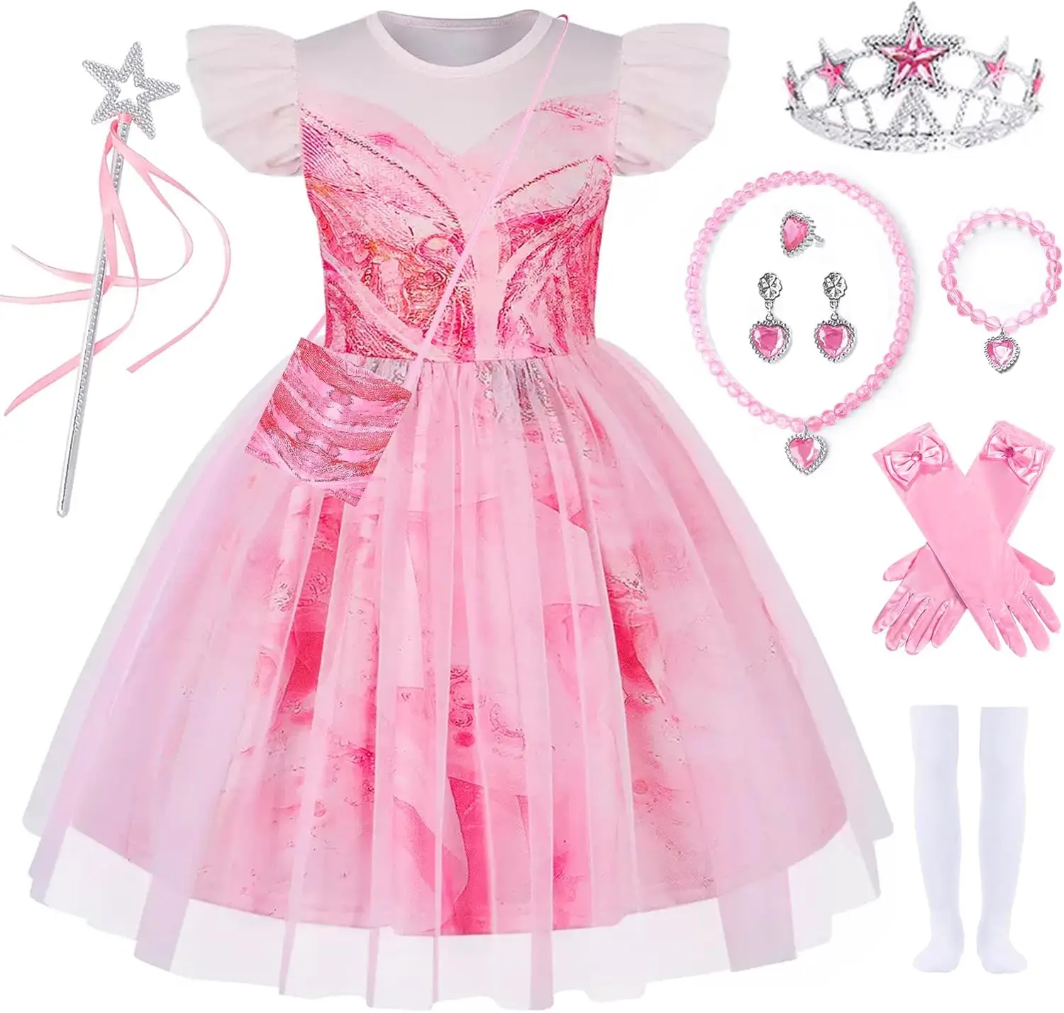 

Glinda Pink Flying Sleeve Dress Movie Wicked W-Wicked Elphaba Evening Teenage Girls Dance Princess gauze Dress kids halloween